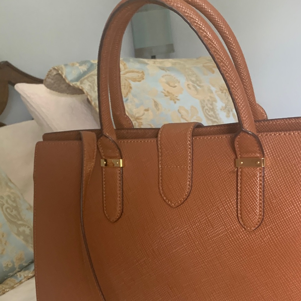Ralph Lauren Cognac Textured Leather Satchel with Gold RL Medallion - Picture 13 of 16